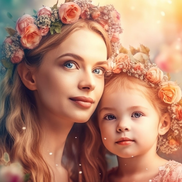 写真 花冠をかぶった美しい母親が幼い娘を優しく抱きしめる