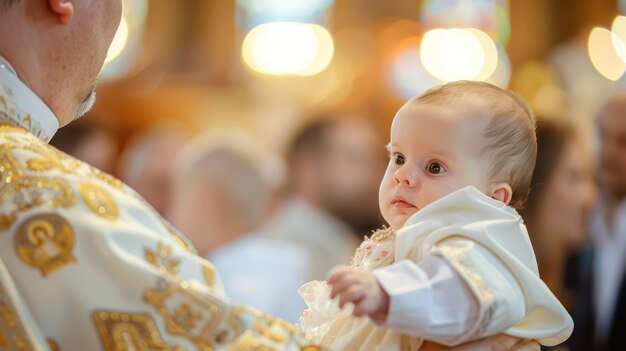 写真 洗礼 の 儀式 の 間 に 司祭 や 司祭 の メンバー が 赤ちゃん を 優しく 抱い て いる