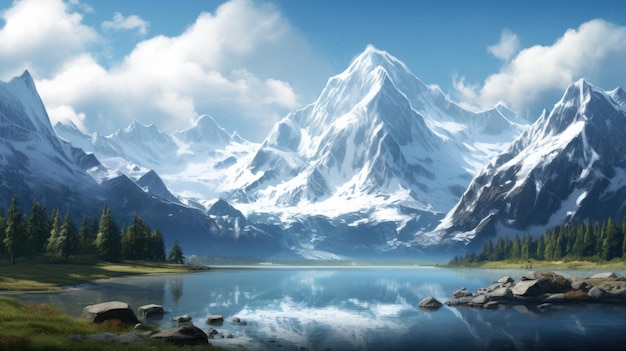 写真 雪を頂いた山々に囲まれた自然のままの氷河湖