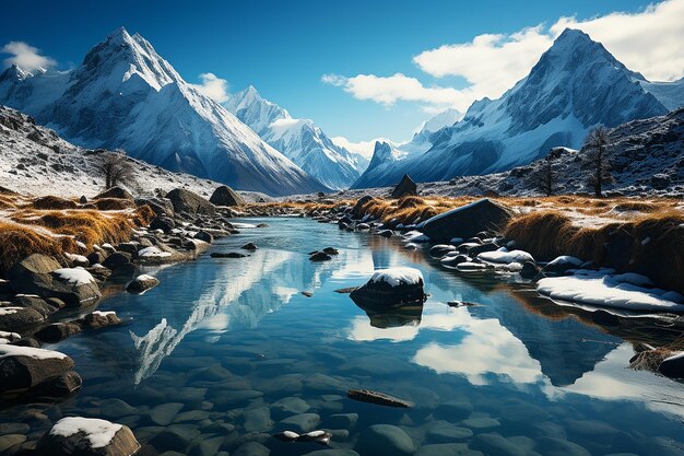 A_pristine_lake_encircled_by_towering_snowclad_peaks_