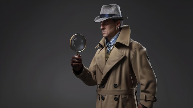 Фото Частный детектив в trenchcoat и шляпе с федорой держит увеличительное стекло