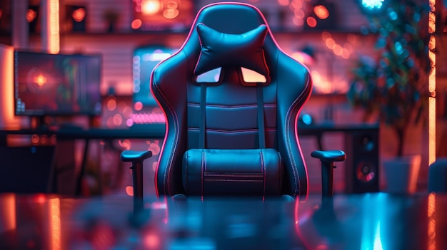 사진 밝은 파란색의 강력한 개인 컴퓨터 게임 의자를 가진 전문 게임 카페 사이버 스포츠 아레나의 개념