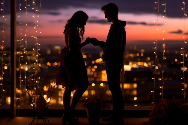 Фото Предложение о браке на крыше сада с силуэтом на фоне городских огней