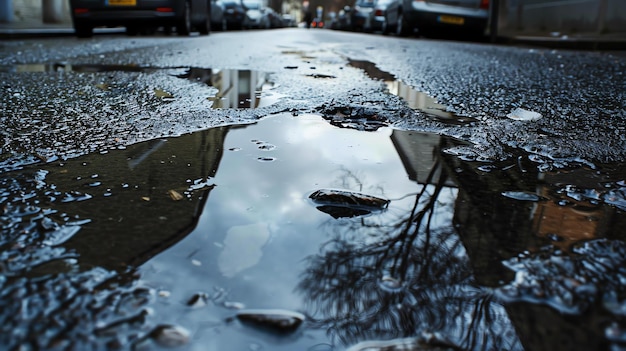 写真 アスファルト道路の水池は空と建物を反映し,水池は小さな小石と雨滴に囲まれています.