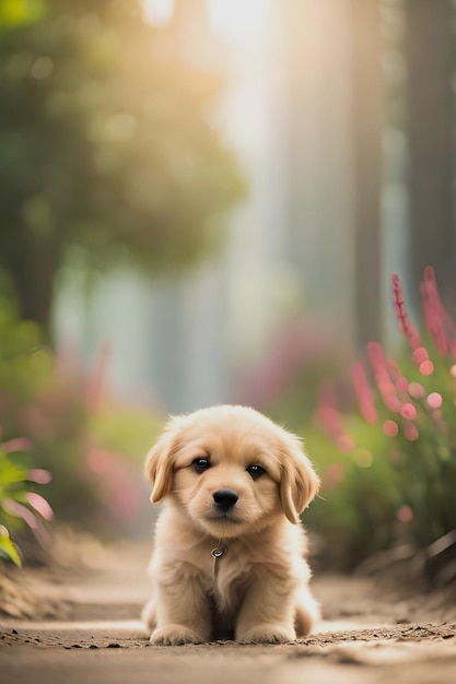 写真 子犬が庭の小道に座っている