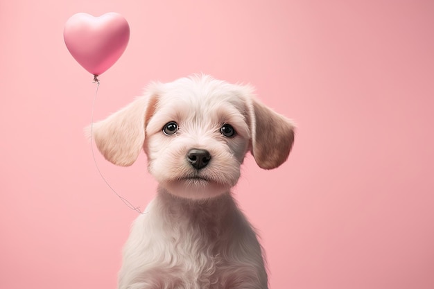 写真 鼻にハートの風船をつけた子犬