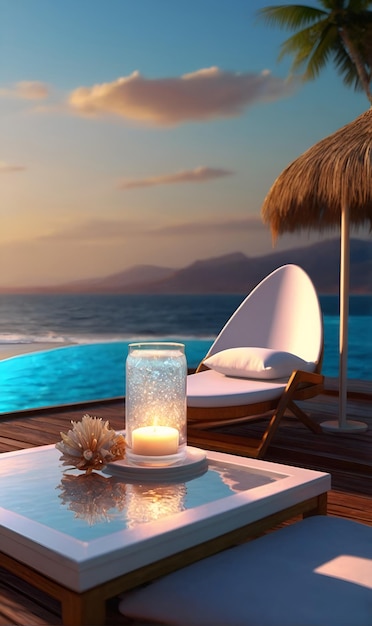 Фото Чистая белая сверкающая свеча в стакане на столе с пляжем на заднем плане