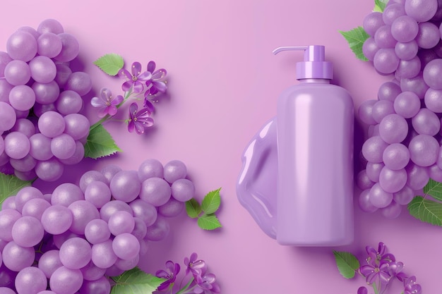 Фото Фиолетовая бутылка лосьона сидит на фиолетовом фоне винограда и листьев