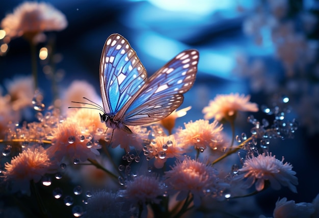 사진 밝은 에메랄드 하이키 조명 풍경 스타일의 잔디에 빛과 함께 보라색 나비