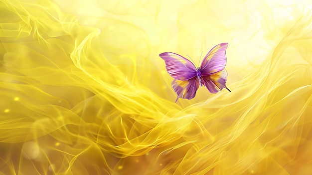 写真 背景に黄色とオレンジ色のストライプがある紫色の蝶