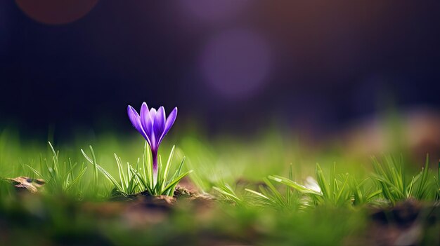 Фото Фиолетовый цветок цветет на зеленой траве высокоскоростная фотография пространства 8k высокого разрешения
