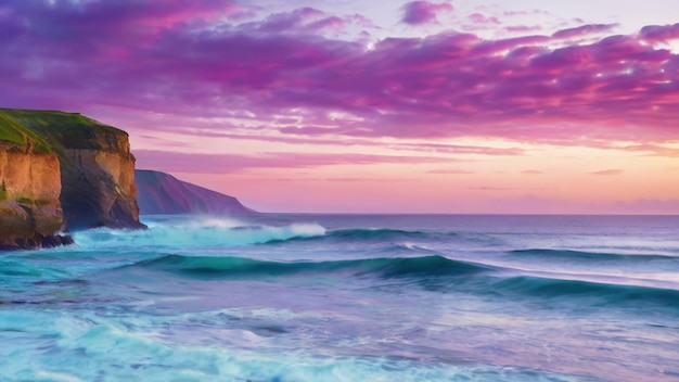 写真 ピンクと紫の空と波を持つ紫の夕暮れ