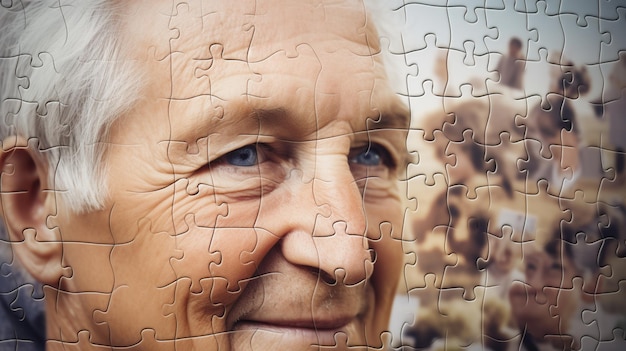 사진 남자의 얼굴과 오래된 단어가 있는 퍼즐