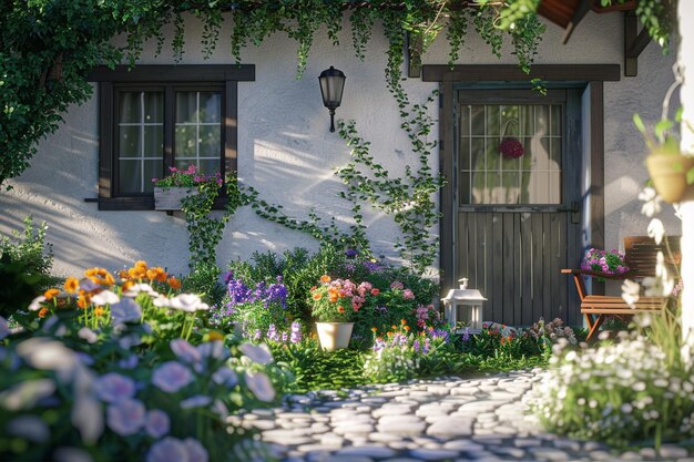 写真 花がく奇妙な小屋の庭園