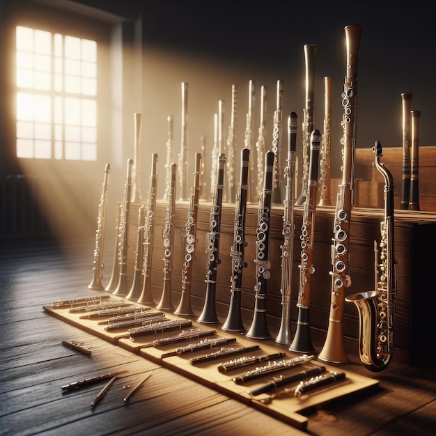 Фото Причудливая секция флейты и деревянных духовых инструментов с различными флейтами, кларнетами и гобоями