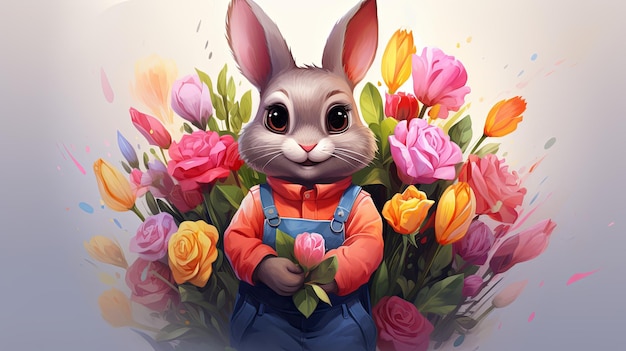 Фото Кролик в саднике с фартуком в руке среди цветов