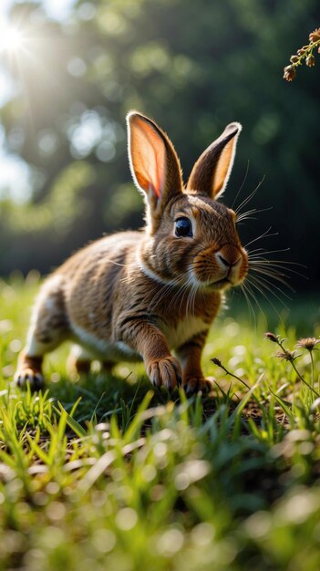 写真 ウサギが目を開けて草の上に立っています