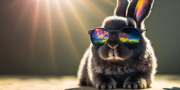 写真 明るい日差しの前に座っているサングラスと虹色のウサギ