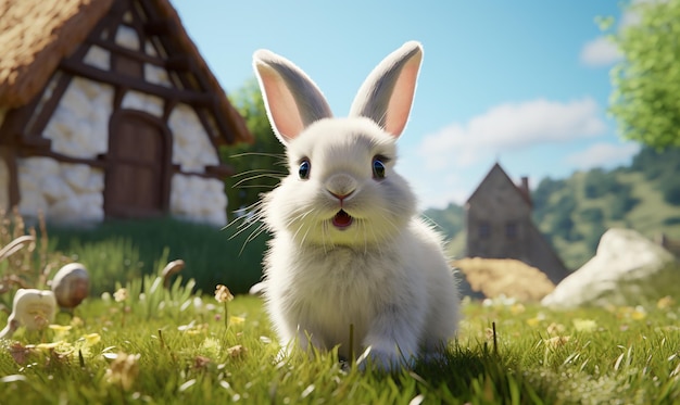 写真 面白い顔のウサギが草の上に座っている