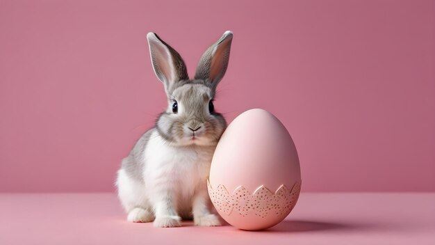 写真 テーブルの上にピンクの卵を持ったウサギ