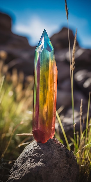 Фото Бутылка цвета радуги стоит в траве.