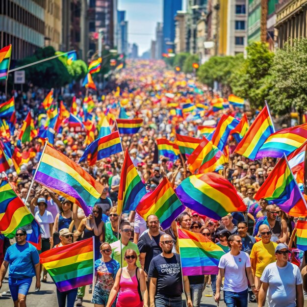 写真 虹の旗がパレードで通りで掲げられている