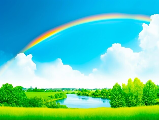 写真 虹は野原の上空の雲の上に描かれています