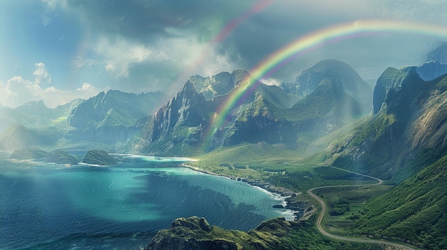 写真 虹は山の湖と緑の山の上にある