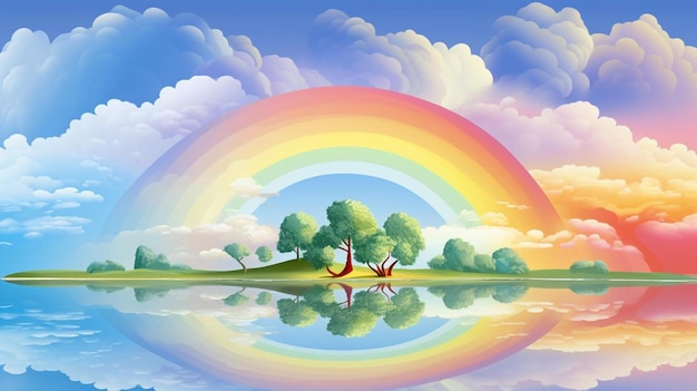 写真 空に虹が映っている湖の上の虹