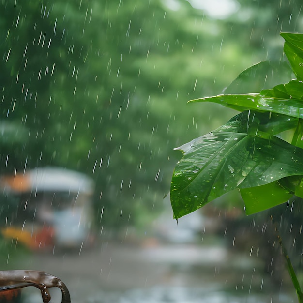 Фото Дождливый день с зеленым растением на переднем плане и машиной, едущей на заднем плане