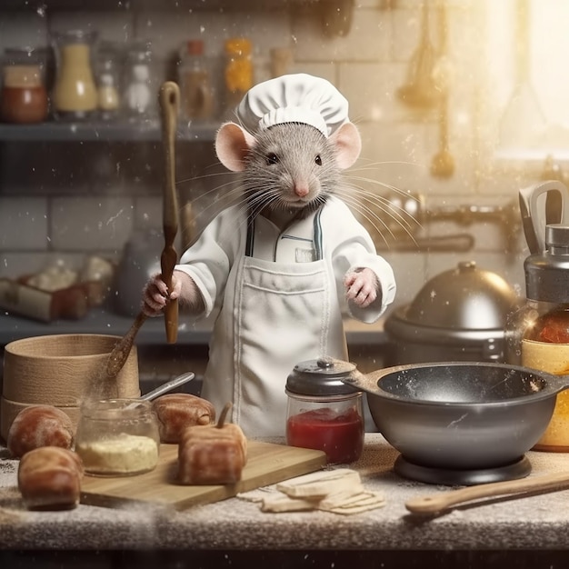 a_rat_chef_cooking_in_kitchen_on_white_background_realistic