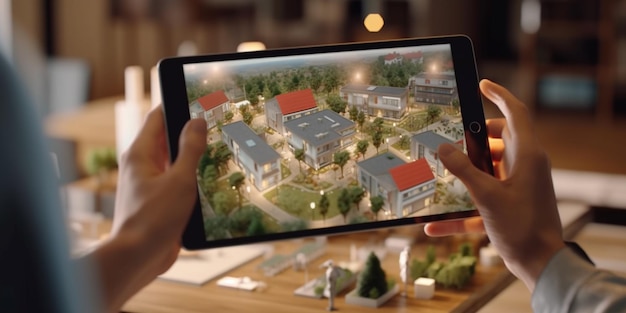 Фото Продажа недвижимости с участием агента, использующего планшет для презентации недвижимости, созданной искусственным интеллектом.