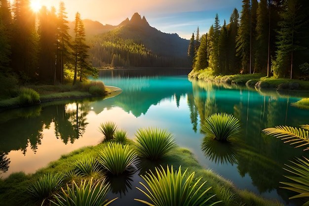 Фото Реалистичная цифровая иллюстрация спокойной экосистемы озера с кристально чистой водой
