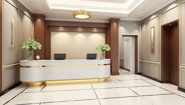 Фото Приемная в отеле с большой белой стойкой регистрации.