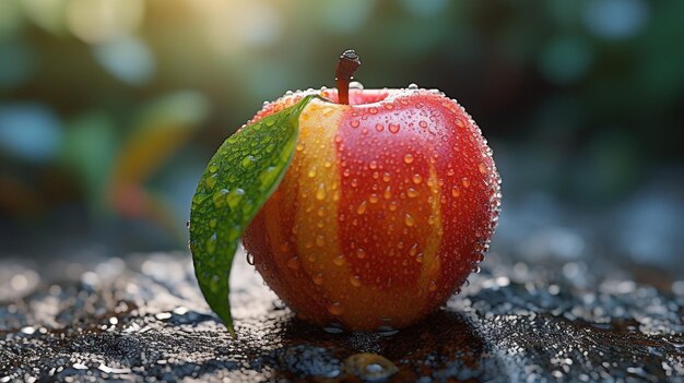 사진 녹색 잎이 있는 빨간색과 노란색 사과가 젖은 표면에 있습니다.