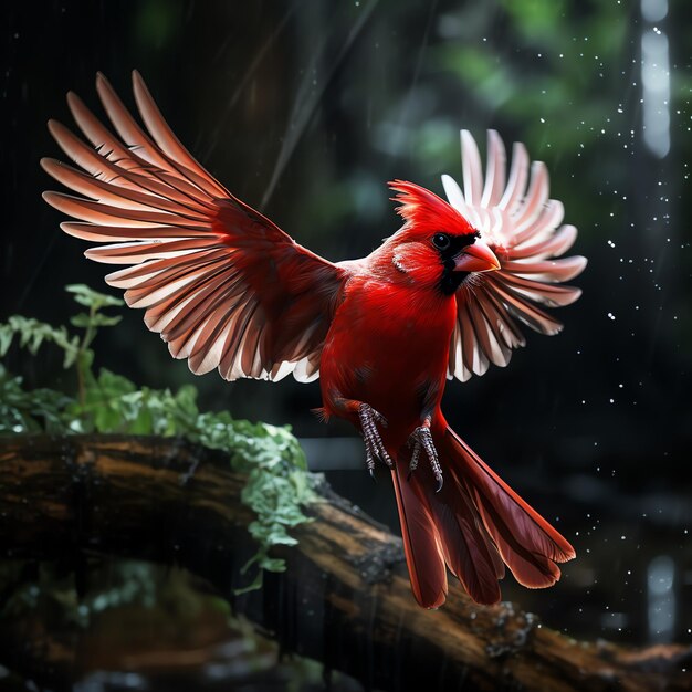 사진 빨간 리를 가진 빨간 새가 검은 바탕의 가지에 있습니다.