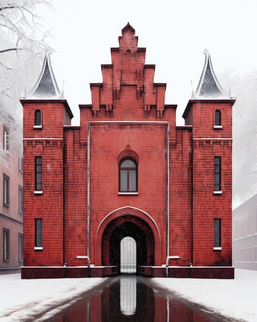 Фото Красное здание со зданием из красного кирпича с черными воротами посередине.