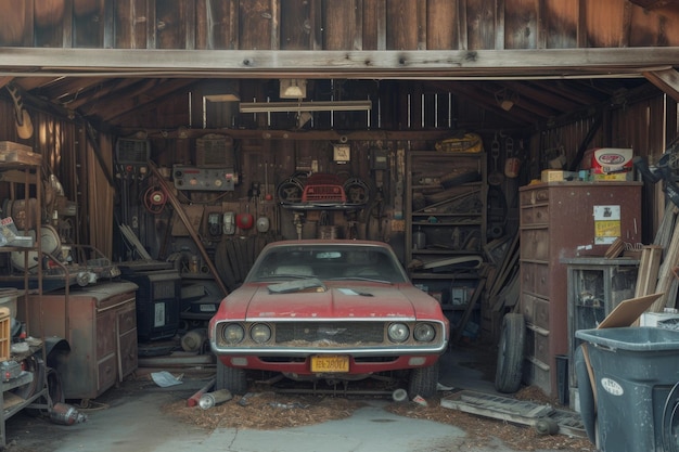 写真 広大なガレージに赤い車が安全に駐車され道具や設備が整備されている古い田舎のガレージで車の部品が散らばっている