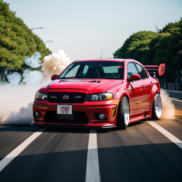 写真 木々が茂る街の通りで、排気管から大量の煙が出ている赤い車