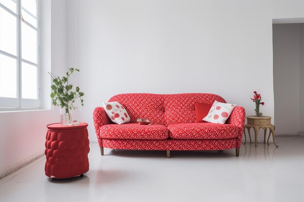写真 サイドテーブルに植物があるリビングルームの赤いソファ。