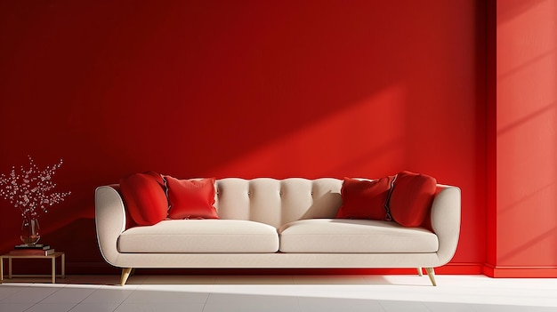 写真 赤いアクセントの色で赤いカウチと赤い壁を持つ赤いソファ