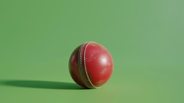 Фото Красный мяч для крикета с белым швом лежит на зеленой поверхности. мяч освещается прожектором, который создает тень на поверхности.