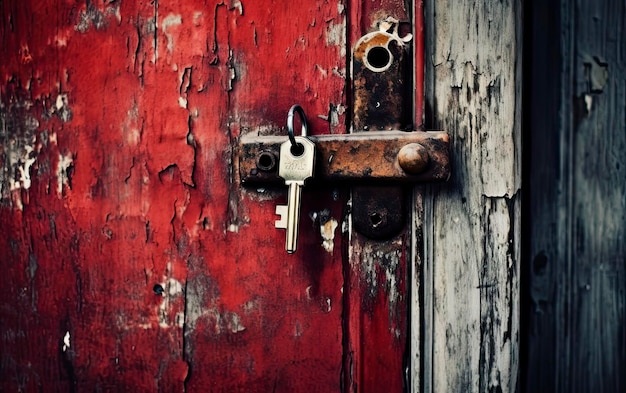写真 「ロックオン」と書かれた鍵が付いた赤いドア