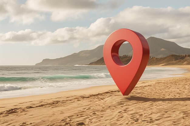 写真 a red marker with a heart on it is on the beach