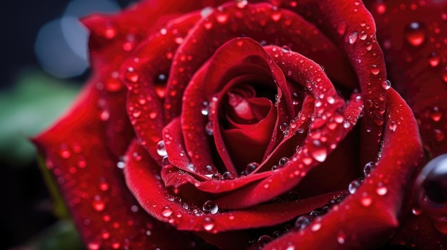 写真 水滴が付いた赤いバラ