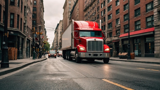Фото Красный полугрузовик едет по городской улице