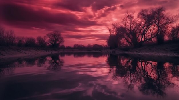 写真 前景に雲と木がある赤い空