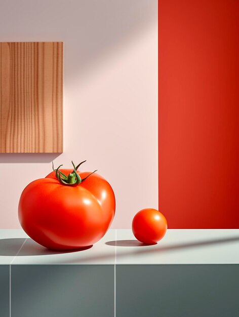 写真 木の板の前の大理石のカウンターに赤いトマトが置かれています。