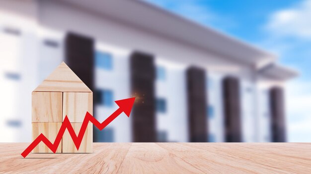 사진 빨간 화살표와 나무 집은 부동산 가격의 상승과 부동산 수요의 증가, 아파트 임대료의 증가, 주택담보대출의 증가, 인구 증가의 개념이다.