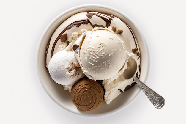 写真 上から見た白いテーブルの上のお皿に盛られた爽やかなアイスクリーム